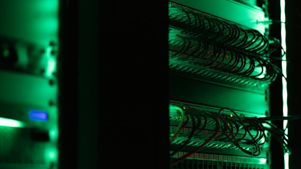 Server rack with green status lights